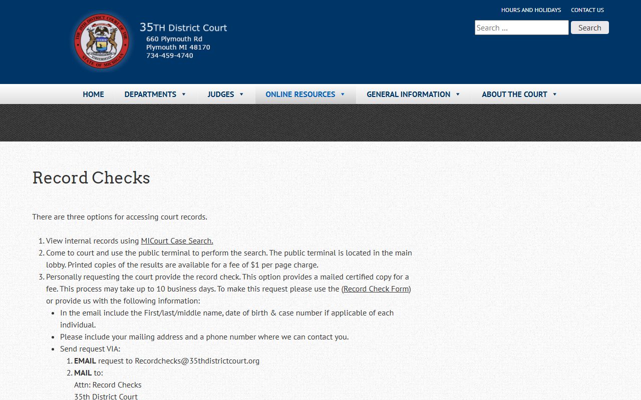 35th District Court records request page for Canton Township traffic court records