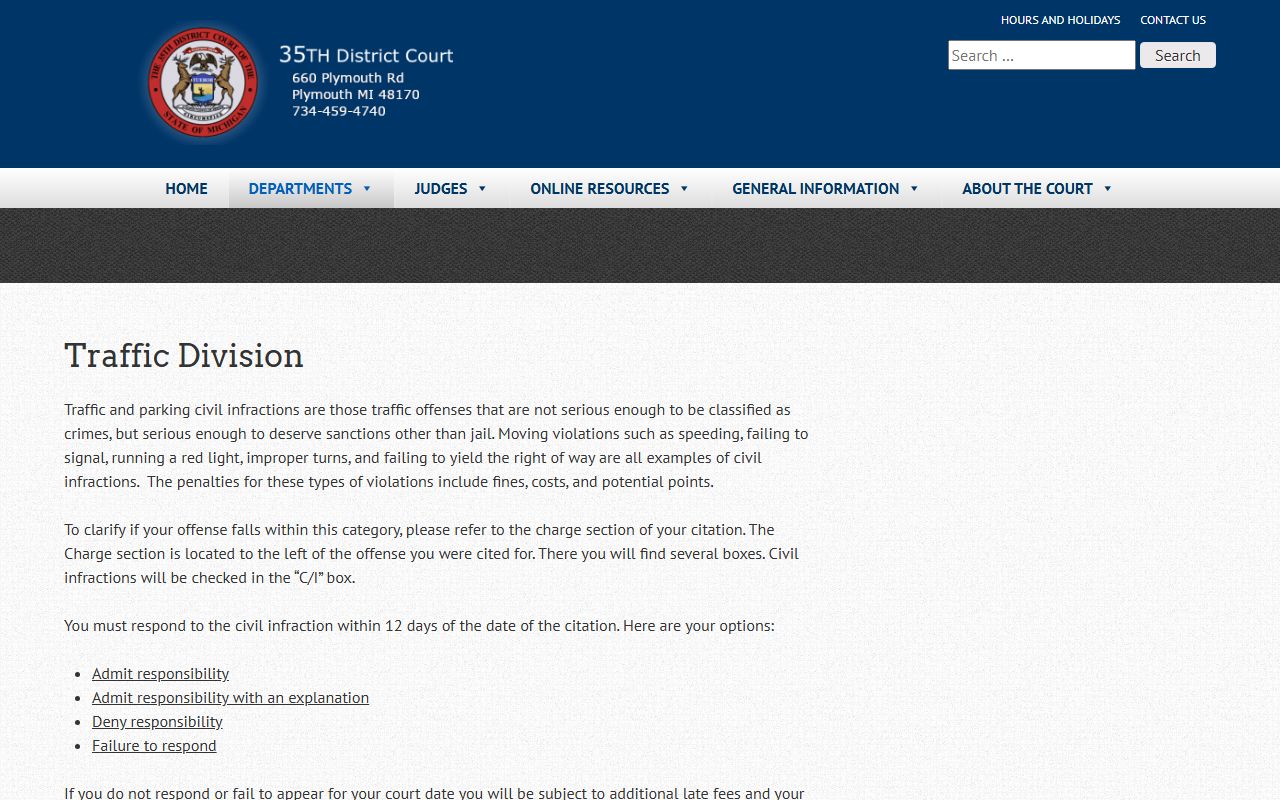 35th District Court traffic division page for Canton Township traffic court records