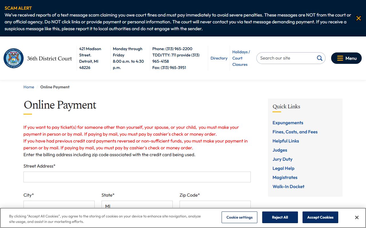 Detroit 36th District Court online payment portal for traffic fines