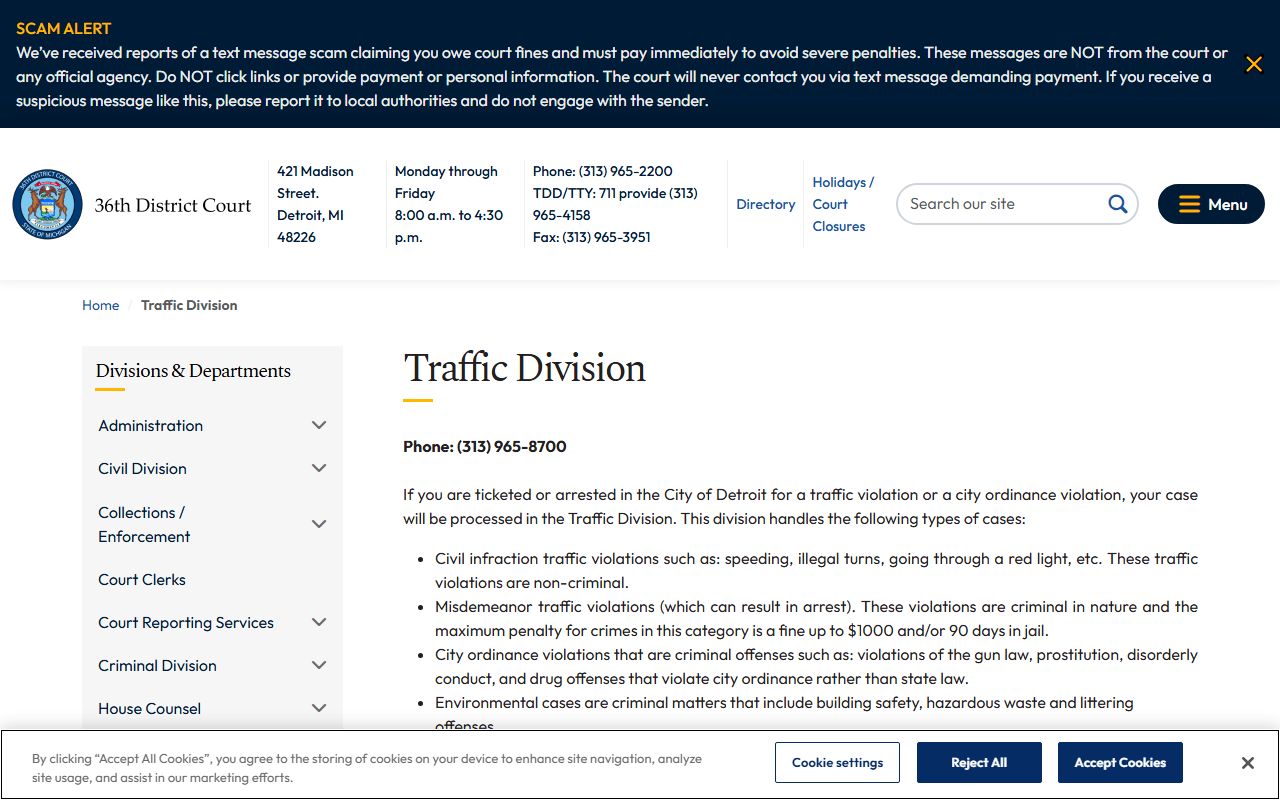Detroit 36th District Court Traffic Division page