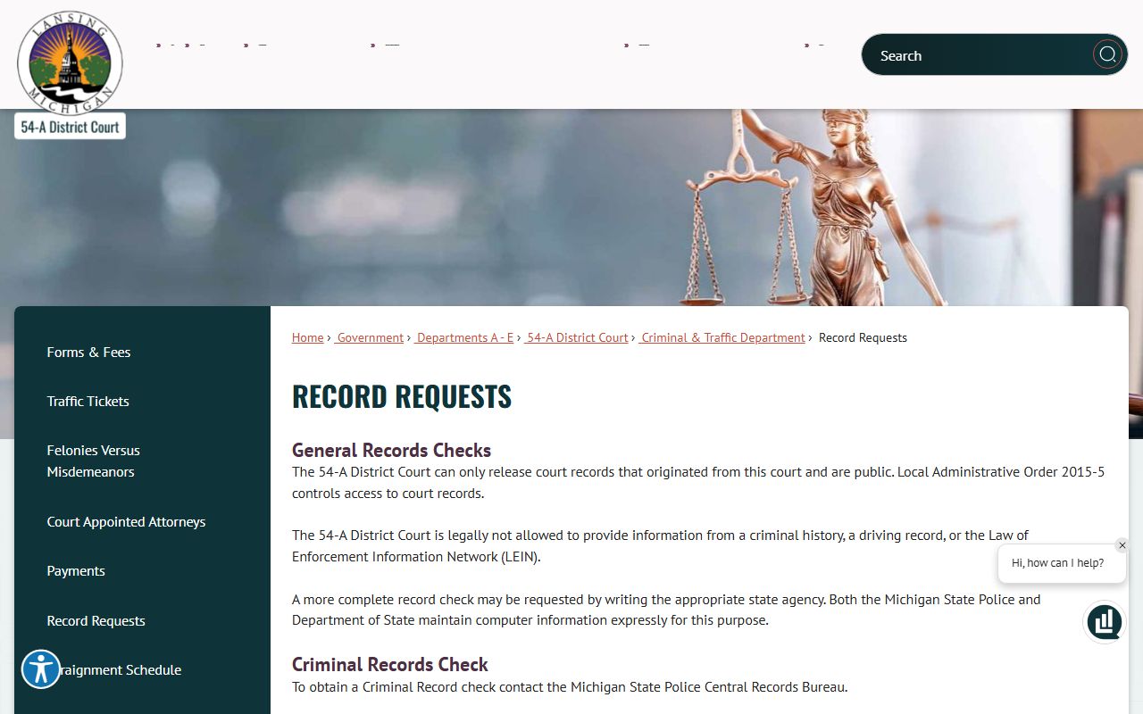 Lansing 54A District Court record requests for traffic court records