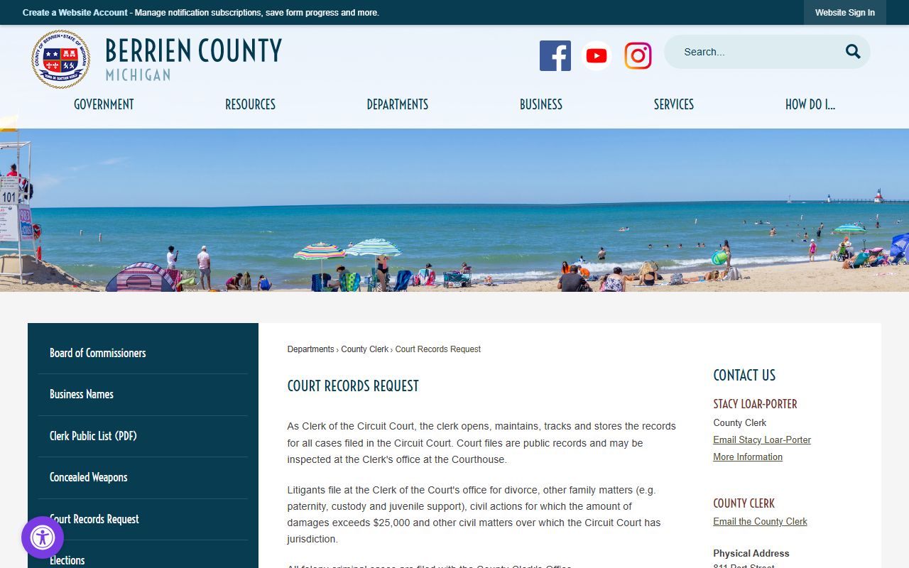 Berrien County court records request page for traffic court records