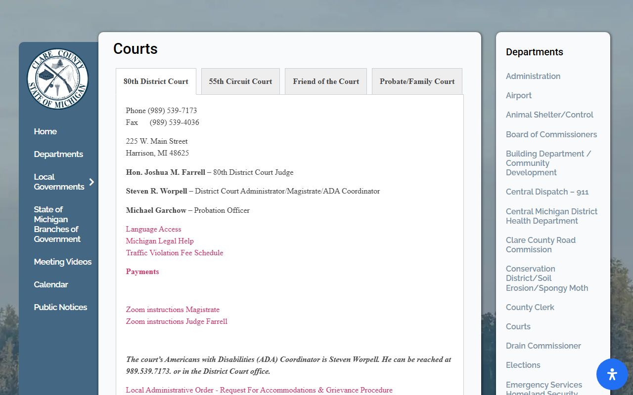 Clare County courts page for Clare County traffic court records