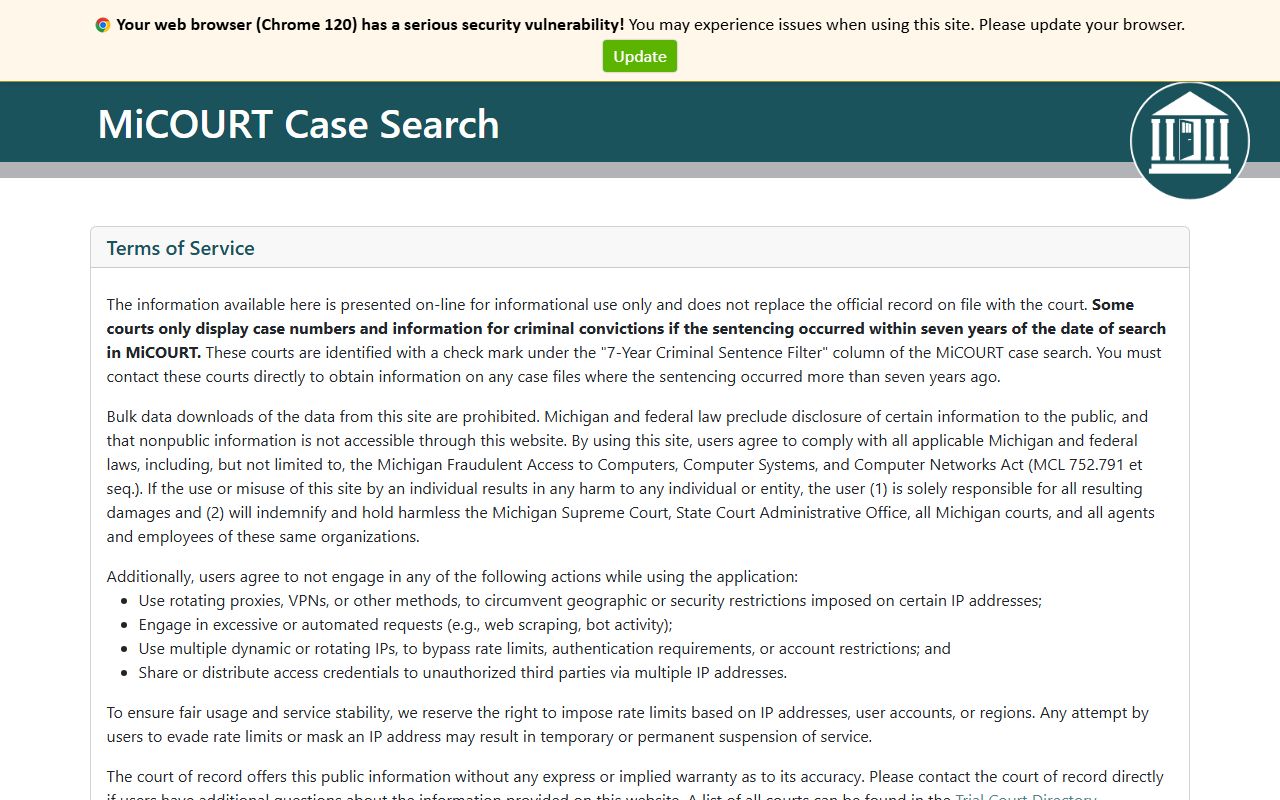 MiCOURT case search portal for Gladwin County traffic court records