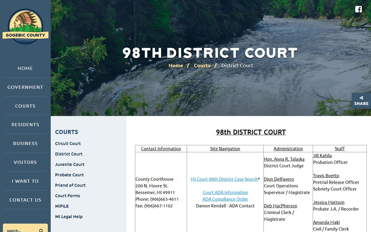 Gogebic County 98-1 District Court page for traffic case information