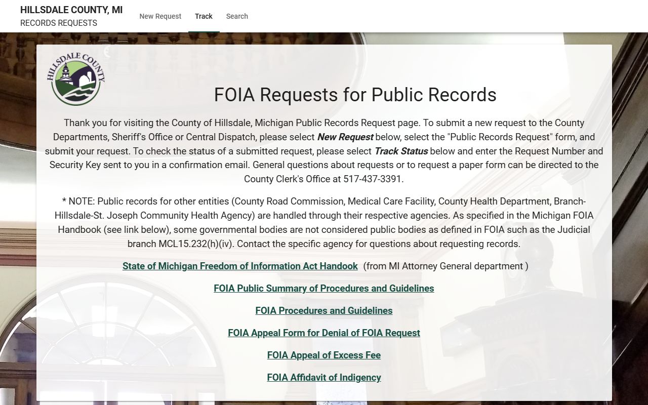 Hillsdale County FOIA portal for Hillsdale County traffic court records requests