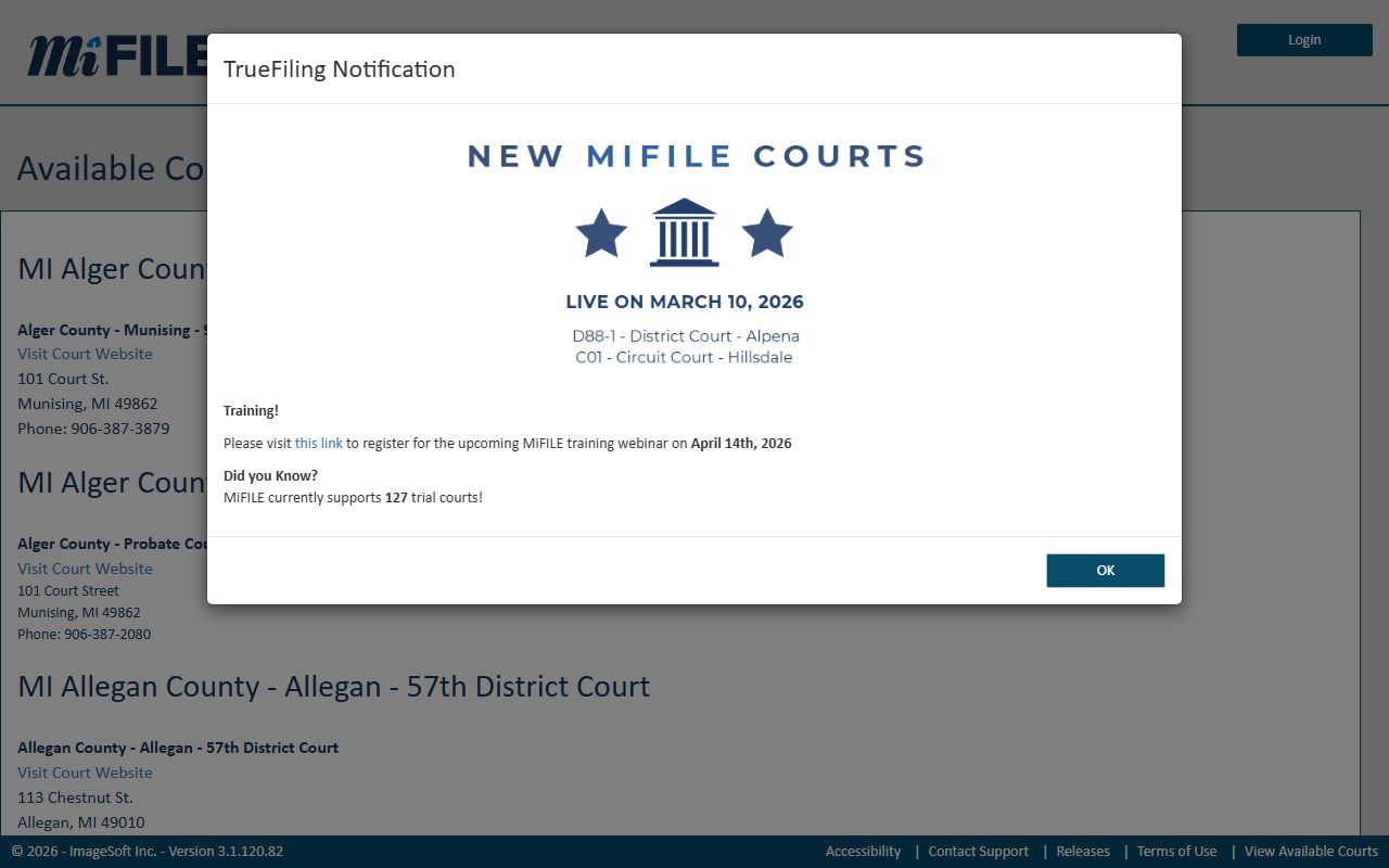 MiFILE available courts page showing e-filing options for Houghton County traffic cases