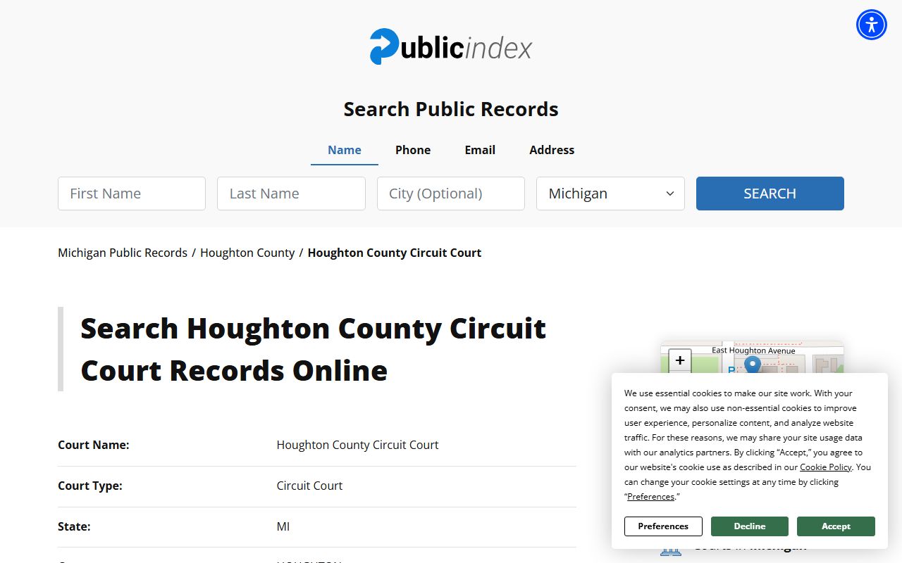 Houghton County Public Index for circuit court and traffic case records