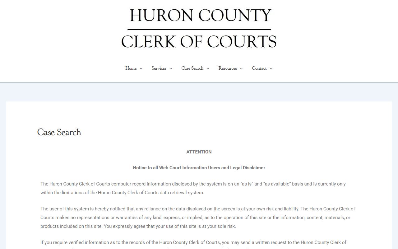 Huron County Clerk case search portal for traffic court records