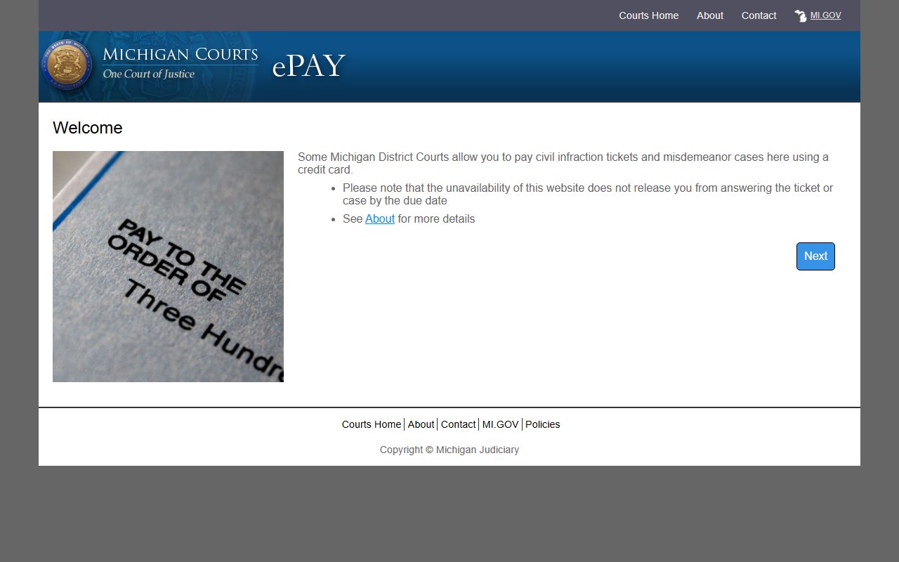 Michigan Courts ePAY system for Marquette County traffic court records