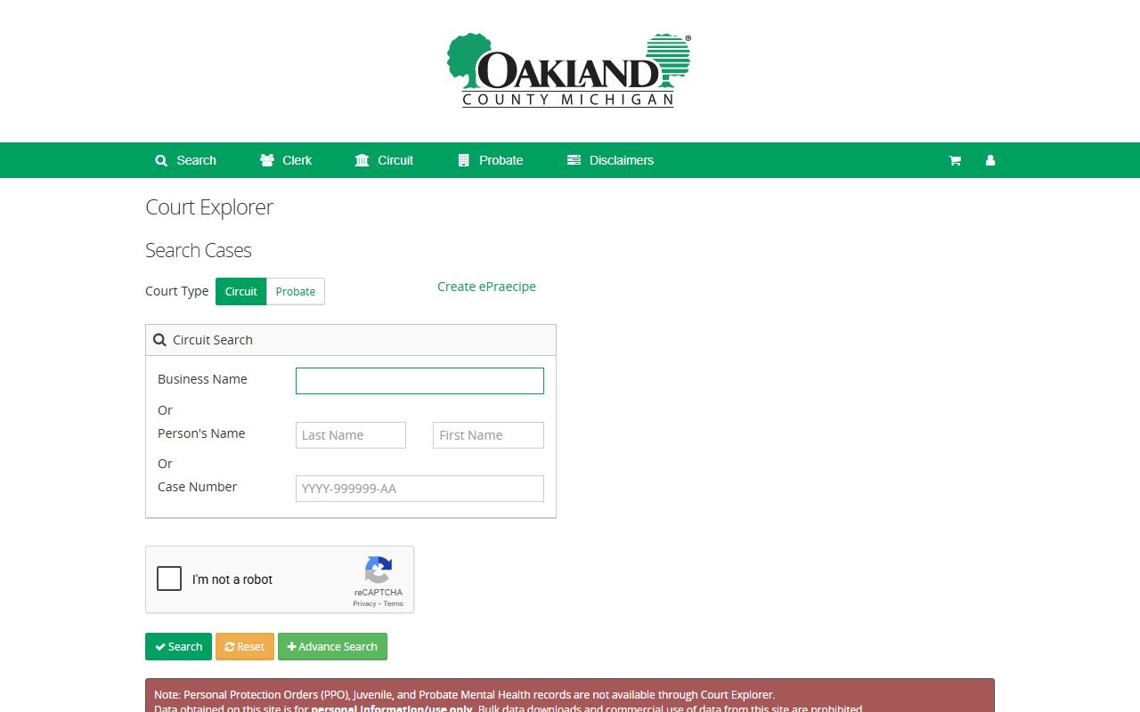Oakland County Court Explorer portal for traffic court records