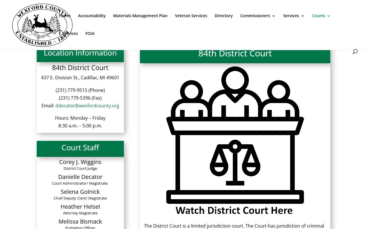 Wexford County 84th District Court page for Wexford County traffic court records